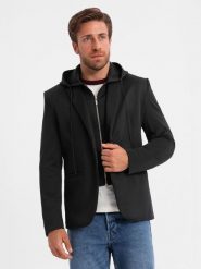 Męska marynarka z odpinaną podpinką i kapturem – czarna V1 OM-BLZB-0126 - XXL. Szare marynarki męskie Ombre Clothing, bez wzorów, z materiału, biznesowe. Za 335.99 zł.