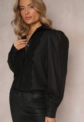 Czarna Koszula z Haftowanego Materiału z Kołnierzykiem i Guzikami Helminave. Czarne bluzki damskie Renee, m, bez wzorów, eleganckie, bez kołnierzyka, bez ramiączek. Za 119.99 zł.