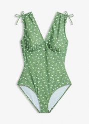 Kostium kąpielowy shape z szerokimi ramiączkami, lekki stopień modelowania sylwetki. Zielone kostiumy jednoczęściowe damskie bonprix, bez wzorów. Za 127.99 zł.