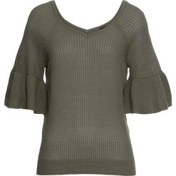 Sweter dzianinowy bonprix oliwkowy. Zielone swetry damskie bonprix, w ażurowe wzory, z dzianiny, bez kołnierzyka, bez ramiączek, krótkie, bez kaptura. Za 37.99 zł.