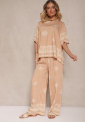 Beżowy Komplet Oversize z Bluzką i Luźnymi Spodniami w Stylu Boho Ronivara. Brązowe bluzki damskie Renee, l, z aplikacjami, boho, bez kołnierzyka, bez ramiączek. Za 74.99 zł.
