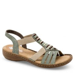 Sandały Rieker. Niebieskie sandały damskie Rieker, bez wzorów, bez obcasa, na koturnie, bez zapięcia. Za 319.99 zł.