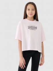 4F Crop top oversize z nadrukiem dziewczęcy - beżowy 152 (11-12 lat). Brązowe t-shirty i topy dla dziewczynek 4f, bez wzorów, z bawełny, bez ramiączek. W wyprzedaży za 19.99 zł.