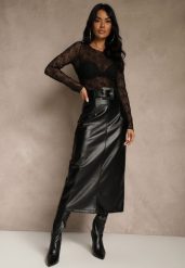 Czarna Ołówkowa Spódnica z Imitacji Skóry z Paskiem z Wyrazistą Klamrą Rewedana. Czarne spódnice damskie Renee, l, bez wzorów, ze skóry, eleganckie, midi, ołówkowe. Za 129.99 zł.