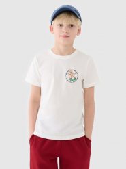 4F T-shirt regular z nadrukiem chłopięcy - biały 146 (10-11 lat). Białe t-shirty dla chłopców 4f, bez wzorów, z bawełny, bez ramiączek. W wyprzedaży za 19.99 zł.