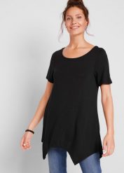Długi shirt z dłuższymi bokami, krótki rękaw. Czarne bluzki damskie bonprix, bez wzorów, bez kołnierzyka, bez ramiączek. Za 64.99 zł.