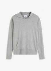 Bluza dzianinowa z kapturem i kieszonką kangurką, z materiału z domieszką wiskozy. Szare bluzy damskie bonprix, bez wzorów, z dzianiny, z kapturem. Za 149.99 zł.
