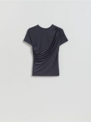 T-shirt z ozdobnym marszczeniem - ciemnoszary. Szare t-shirty damskie Reserved, l, bez wzorów, z dzianiny, bez kołnierzyka. Za 69.99 zł.
