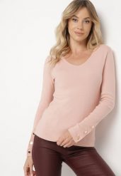 Jasnoróżowy Sweter z Dekoltem V i Ozdobnymi Guzikami na Rękawach Atterisa. Czerwone swetry damskie Born2be, m, bez wzorów, z jeansu, bez kołnierzyka, bez ramiączek, długie, bez kaptura. Za 89.99 zł.