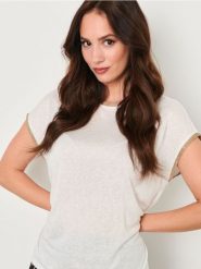 Koszulka z ozdobną lamówką - kremowy. Białe t-shirty damskie Sinsay, l, bez wzorów, bez kołnierzyka. W wyprzedaży za 11.99 zł.