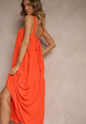 Pomarańczowa Rozkloszowana Sukienka Ozdobiona Wiązaniem na Plecach Saviande. Brązowe sukienki damskie Renee, na imprezę, bez wzorów, eleganckie, bez kołnierzyka, bez ramiączek, maxi, rozkloszowane. Za 69.99 zł.