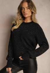 Czarny Sweter z Wiskozą Ozdobiony Metaliczną Nicią Lialicia. Czarne swetry damskie Renee, na zimę, bez wzorów, z wiskozy, casualowe, bez kołnierzyka, bez ramiączek, bez kaptura. Za 59.99 zł.