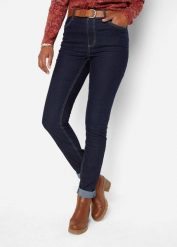Jegginsy high-waist z wygodnym pasem. Niebieskie legginsy damskie bonprix, bez wzorów, z jeansu. Za 109.99 zł.