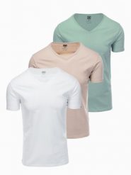 Zestaw bawełnianych koszulek męskich V-neck BASIC – szarozielony/biały/beżowy V14 OM-TSBS-0233 - XXL. Zielone t-shirty męskie Ombre Clothing, l, bez wzorów, z bawełny, bez kołnierzyka. Za 89.99 zł.