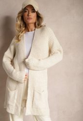 Jasnobeżowy Długi Kardigan Bez Zapięć z Obniżoną Linią Ramion i Kieszeniami Viatha. Brązowe kardigany damskie Renee, m, bez wzorów, z jeansu, eleganckie, bez kołnierzyka, bez ramiączek, długie, bez kaptura. Za 129.99 zł.