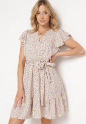 Beżowa Sukienka w Kwiatki z Gumką w Pasie i Materiałowym Paskiem Ozdobiona Falbanką Monnesa. Brązowe sukienki damskie Born2be, l, bez wzorów, z bawełny, eleganckie, bez kołnierzyka, bez ramiączek, mini. Za 34.99 zł.
