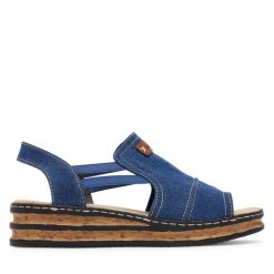 Sandały Rieker. Niebieskie sandały damskie Rieker, bez wzorów, bez obcasa, na koturnie, bez zapięcia. Za 271.99 zł.
