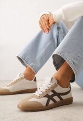 Beżowo-Brązowe Sneakersy w Stylu Tenisówek Ozdobione Geometrycznymi Paskami Zitora. Brązowe obuwie sportowe damskie Renee, bez wzorów, tenisowe. Za 79.99 zł.