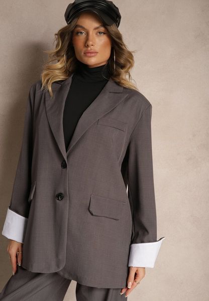 Ciemnoszara Jednorzędowa Marynarka z Wywiniętymi Rękawami i Usztywnioną Linią Ramion Mialassa. Szare żakiety damskie Renee, bez wzorów, z jeansu, biznesowe. Za 149.99 zł.