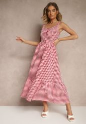 Czerwona Sukienka w Kratkę Vichy z Guziczkami Lenivelle. Czerwone sukienki dla dziewczynek Renee, na lato, bez wzorów, eleganckie, bez ramiączek. Za 109.99 zł.