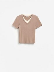 T-shirt w prążek - beżowy. Brązowe t-shirty damskie Reserved, l, bez wzorów, z bawełny, bez kołnierzyka. Za 59.99 zł.