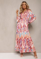 Bordowa Rozkloszowana Sukienka z Elastyczną Gumką w Talii w Stylu Boho Mizza. Czerwone sukienki damskie Renee, l, bez wzorów, z materiału, boho, bez kołnierzyka, bez ramiączek, maxi, rozkloszowane. Za 139.99 zł.
