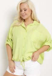 Jasnozielona Koszula z Wiskozy z Rękawem Długości 3/4 Zapinana na Guziki Fieara. Zielone bluzki damskie Born2be, plus size, bez wzorów, z wiskozy, eleganckie, bez kołnierzyka, plus size, bez ramiączek. Za 119.99 zł.