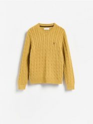 Sweter z haftem - musztardowy. Swetry przez głowę męskie Reserved, l, bez wzorów, z bawełny, bez kołnierzyka. Za 149.99 zł.