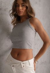Szary Top na Ramiączkach Basic Prążkowany Zitira. Szare bluzki damskie Renee, m, bez wzorów, z jeansu, bez kołnierzyka, bez ramiączek. Za 29.99 zł.