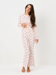 Prążkowana piżama dwuczęściowa w kokardki - kremowy. Białe piżamy damskie Sinsay, l, bez wzorów, prążkowane, bez ramiączek. Za 59.99 zł.