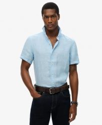 Superdry Vacation Linen koszula krótki rękaw z lnu. Niebieskie koszule męskie Superdry., na lato, m, bez wzorów, wakacyjne, bez kołnierzyka, bez ramiączek. Za 322.70 zł.