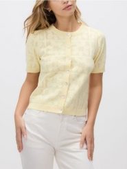 Ażurowy kardigan - jasnożółty. Żółte kardigany damskie Reserved, l, w ażurowe wzory, z bawełny. Za 99.99 zł.