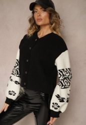 Czarny Kardigan z Wiskozy na Guziki Ozdobiony Geometrycznym Wzorem Nelaya. Czarne kardigany damskie Renee, uniwersalny, bez wzorów, z wiskozy, biznesowe, bez kołnierzyka, bez ramiączek, bez kaptura. Za 99.99 zł.