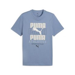 Męska koszulka z nałożonymi na siebie grafikami PUMA Cool Blue. Niebieskie koszulki sportowe męskie Puma, m, bez wzorów, bez kołnierzyka, bez ramiączek, na fitness i siłownię. Za 109.00 zł.