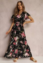 Czarna Sukienka w Kwiaty o Kopertowym Kroju z Wiązanym Paskiem Iphene. Czarne sukienki damskie Renee, na co dzień, na lato, l, bez wzorów, eleganckie, bez kołnierzyka, bez ramiączek, maxi, kopertowe. Za 59.99 zł.