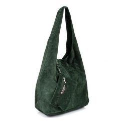 Shopperka c. zielona skórzana N88. Zielone torebki do ręki damskie bez wzorów, z materiału, zamszowe, bez dodatków. Za 153.99 zł.