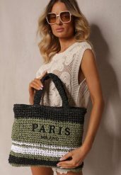 Zielono-Czarna Pleciona Torebka w Stylu Boho Ozdobiona Napisem Oegelia. Zielone torebki do ręki damskie Renee, bez wzorów, z materiału, boho, bez dodatków. Za 74.99 zł.