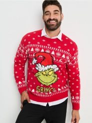 Sweter ze świątecznym motywem Grinch - czerwony. Czerwone swetry przez głowę męskie Sinsay, l, bez wzorów, bez kołnierzyka. Za 79.99 zł.