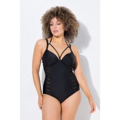 Damski Strój kąpielowy miękkie miseczki z fiszbinami wiązany z tyłu na szyi. Czarne kostiumy jednoczęściowe damskie Ulla Popken, plus size, bez wzorów, z elastanu, sportowe, plus size. Za 279.99 zł.