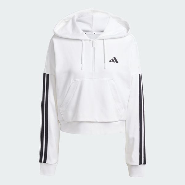 Bluza z kapturem Essentials 3-Stripes French Terry Quarter-Zip. Białe bluzy damskie Adidas, xs, bez wzorów, z bawełny, z kapturem. Za 259.00 zł.