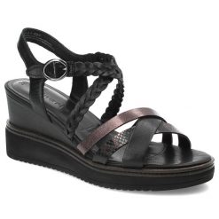 Czarne Sandały Tamaris Stylowe Obuwie Damskie Na Koturnie. Czarne klapki damskie Tamaris, bez wzorów, bez obcasa, na koturnie, bez zapięcia. Za 279.00 zł.