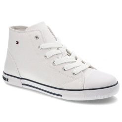 Trampki damskie Tommy Hilfiger, cholewka z materiału syntetycznego sznurowane podwyższona cholewka tekstylne wnętrze, sznurowane, T3X4-32209-0890100. Białe półbuty damskie Tommy Hilfiger, z aplikacjami, z materiału, casualowe, bez obcasa, bez zapięcia. Za 249.00 zł.