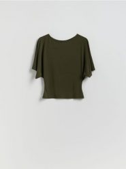 Taliowana bluzka - jasny zielony. Zielone bluzki damskie Reserved, l, bez wzorów, z dzianiny, bez kołnierzyka, bez ramiączek. Za 69.99 zł.