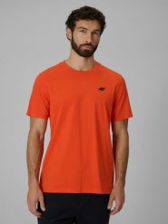 4F T-shirt regular gładki męski - pomarańczowy S. Brązowe t-shirty męskie 4f, m, bez wzorów, z materiału, klasyczne, bez kołnierzyka. Za 49.99 zł.