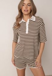 Beżowo-Brązowy Dzianinowy Komplet Oversize w Paski Koszulka Polo i Szorty Tesanore. Brązowe szorty damskie Born2be, na lato, uniwersalny, bez wzorów, z dzianiny, eleganckie. Za 169.99 zł.