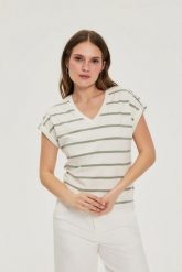 Bluzka w paski oliwkowa. Zielone bluzki damskie MOODO, bez wzorów, z bawełny, bez kołnierzyka, bez ramiączek. Za 59.99 zł.