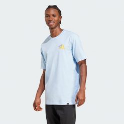 Koszulka sportowa męska Adidas z krótkim rękawem. Niebieskie koszulki sportowe męskie Adidas, m, bez wzorów, bez kołnierzyka, bez ramiączek, na fitness i siłownię. Za 129.00 zł.