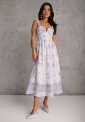 Niebieska Rozkloszowana Sukienka na Ramiączkach w Kwiaty w Romantycznym Stylu Callisise. Niebieskie sukienki dla dziewczynek Renee, bez wzorów, z poliesteru, wizytowe, bez ramiączek. Za 239.99 zł.