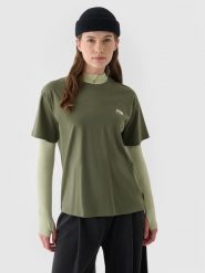 4F T-shirt regular z nadrukiem damski - khaki S. Brązowe koszulki sportowe damskie 4f, s, bez wzorów, z bawełny, bez kołnierzyka, bez ramiączek. W wyprzedaży za 29.99 zł.