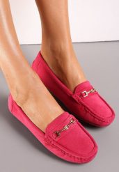 Fuksjowe Mokasyny z Cholewką przed Kostkę z Przeszyciami i Ozdobnym Paskiem Alydora. Czerwone mokasyny damskie Renee, biznesowe. Za 69.99 zł.